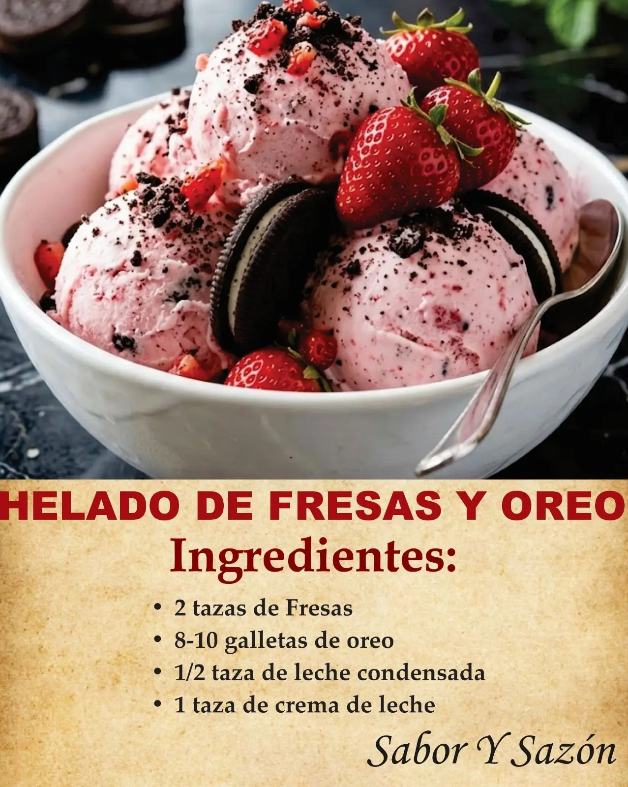 Helado casero de fresa y Oreo