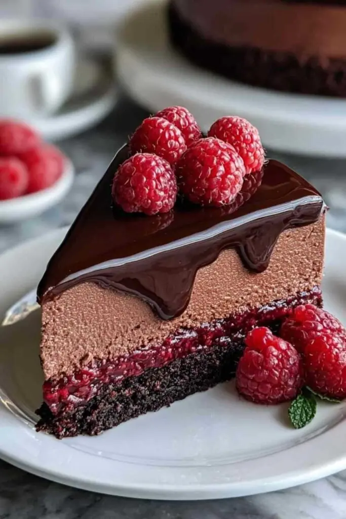 Gâteau mousse au chocolat noir et framboises