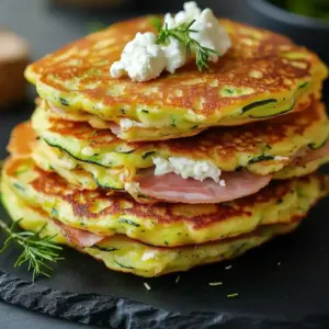 Pancakes à la courgette, chèvre et jambon