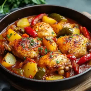 Poulet aux poivrons et pommes de terre fondantes en sauce tomate