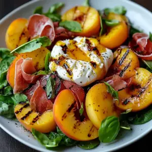 Salade estivale de pêches grillées, burrata et poulet