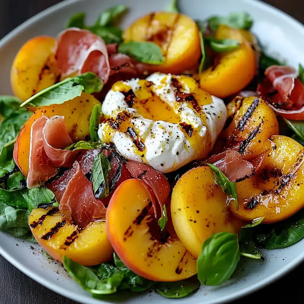 Salade de Pêches Grillées, Burrata et Poulet Grillé