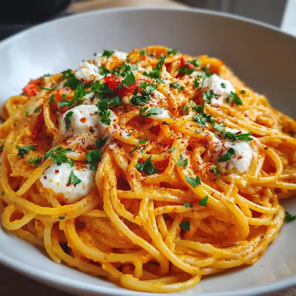 spaghetti crème poivron rouge mozzarella