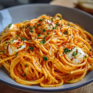 Spaghetti à la crème de poivron rouge et mozzarella