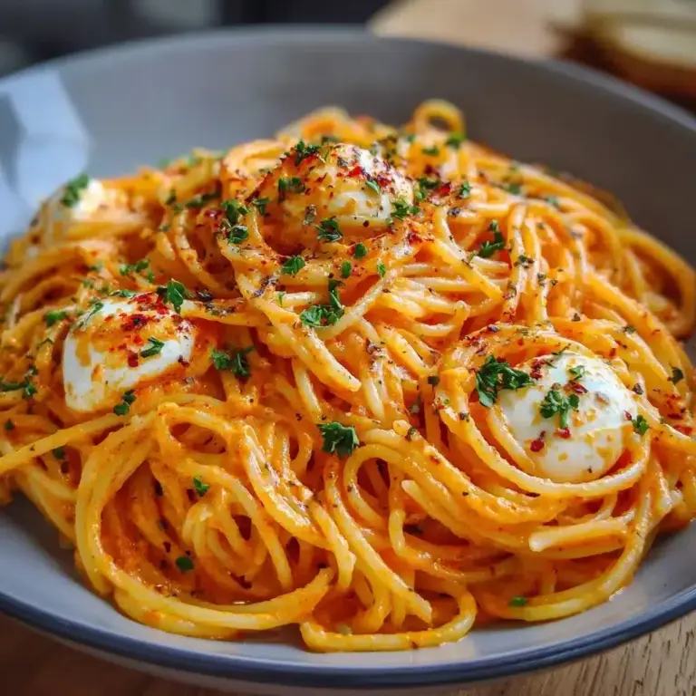 Spaghetti à la crème de poivron rouge et mozzarella