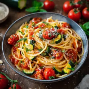 Spaghettis aux tomates, courgettes et parmesan